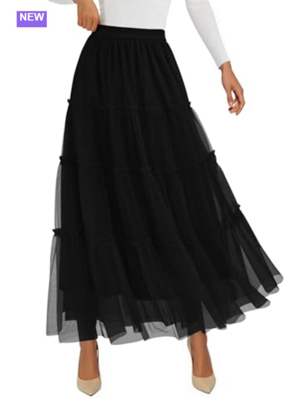 100% Polyester Tulle Tiered Maxi Skirt High Waist A-Line